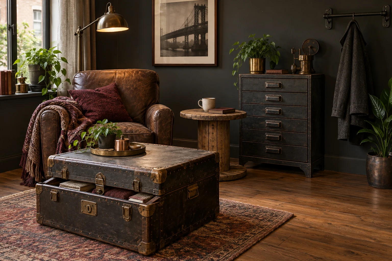 Coin lecture avec malle-table, bobine en bois, caisson d'atelier et patère en tuyau