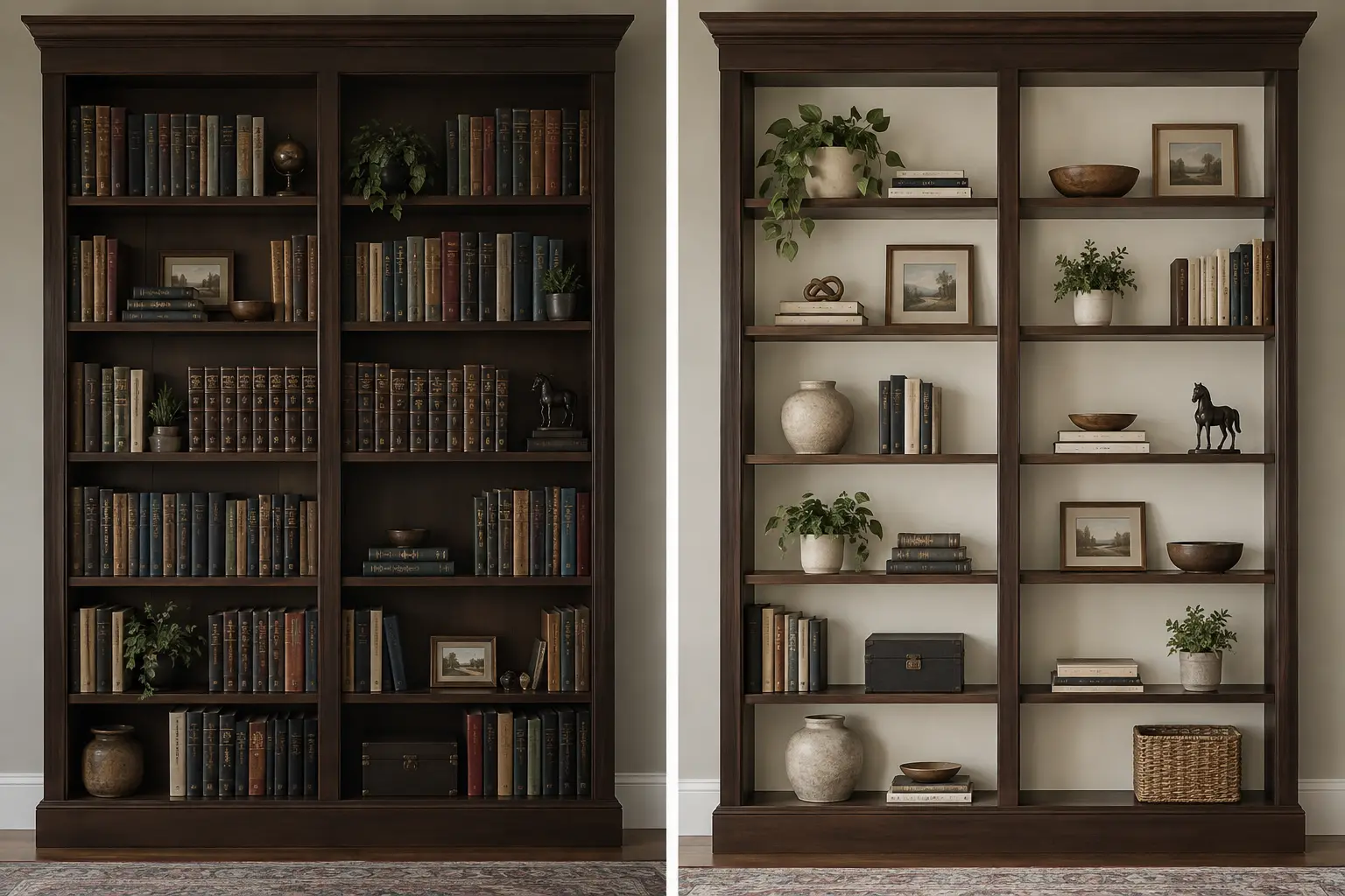 Comparaison d'une bibliothèque uniformément sombre et d'une bibliothèque victorienne à fond clair avec contrastes localisés