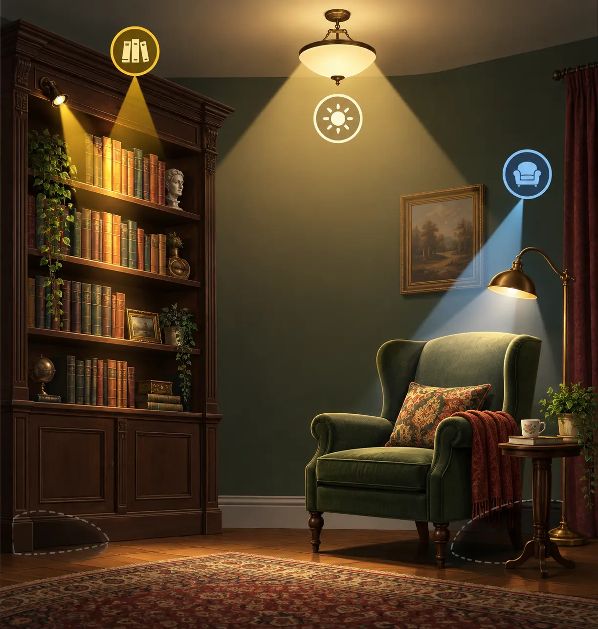 Schéma d'éclairage d'une bibliothèque victorienne claire avec lumière générale, lampe de lecture et éclairage des rayonnages