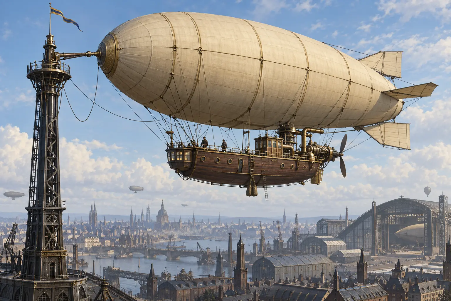 Dirigeable steampunk fictif à enveloppe ocre et nacelle de navire près d'un mât d'amarrage au-dessus d'une ville industrielle.