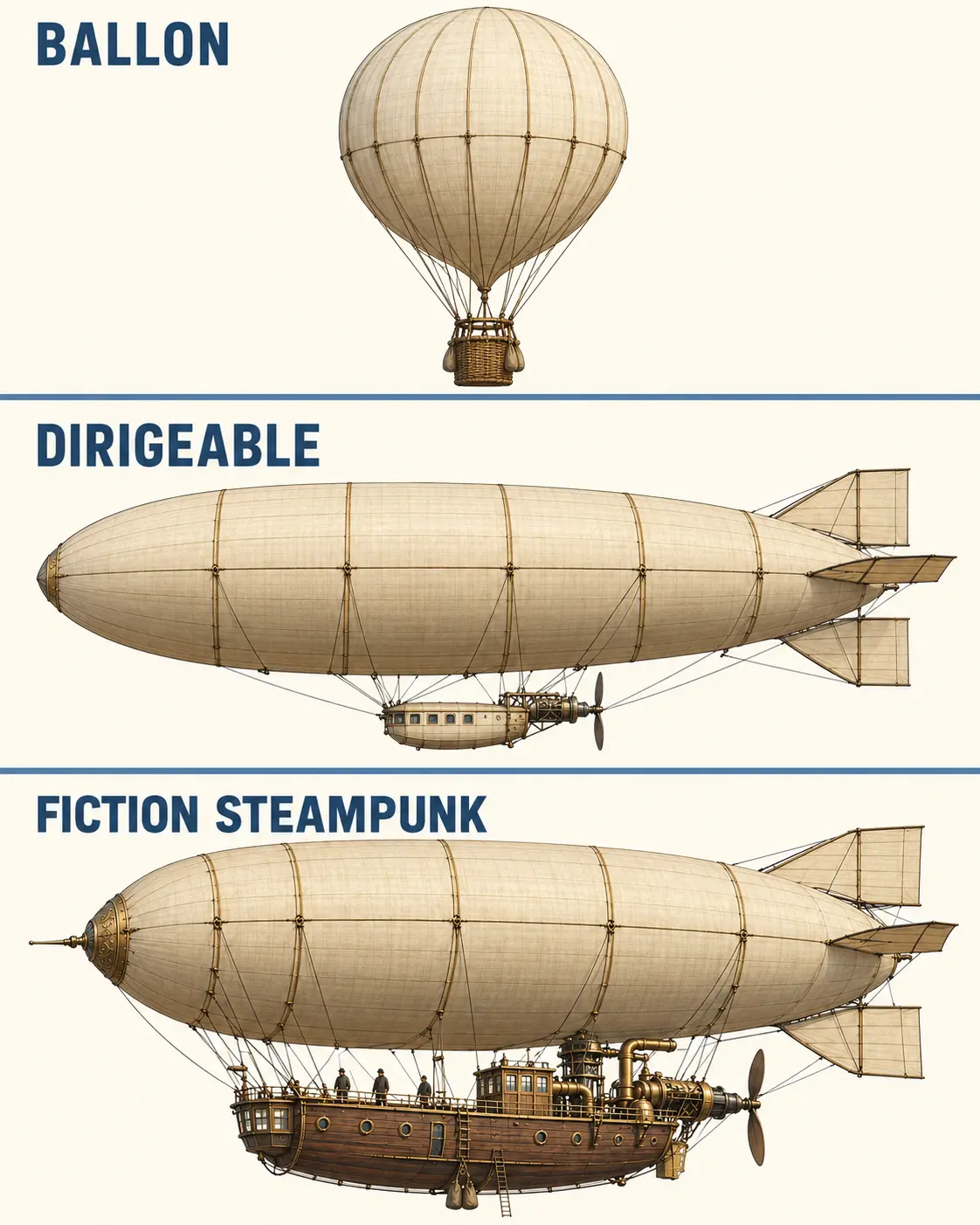 Profils comparés d'un ballon, d'un dirigeable motorisé et d'un vaisseau steampunk fictif, avec enveloppes et nacelles distinctes.