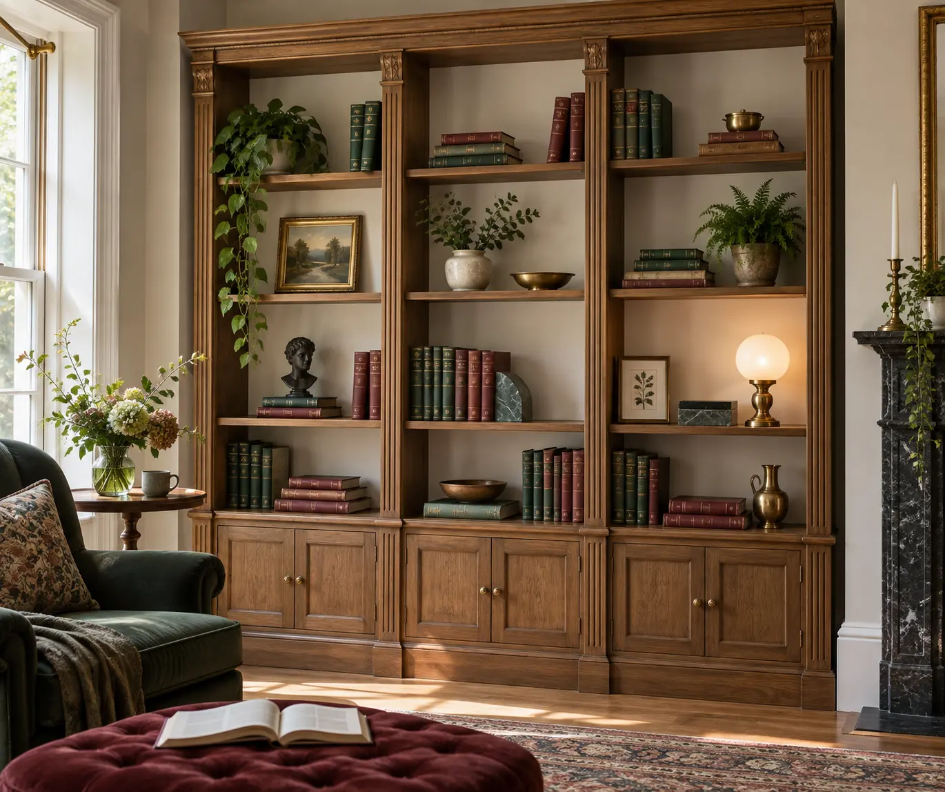 Bibliothèque de style victorien lumineuse avec fond ivoire, bois patiné et lampe en laiton