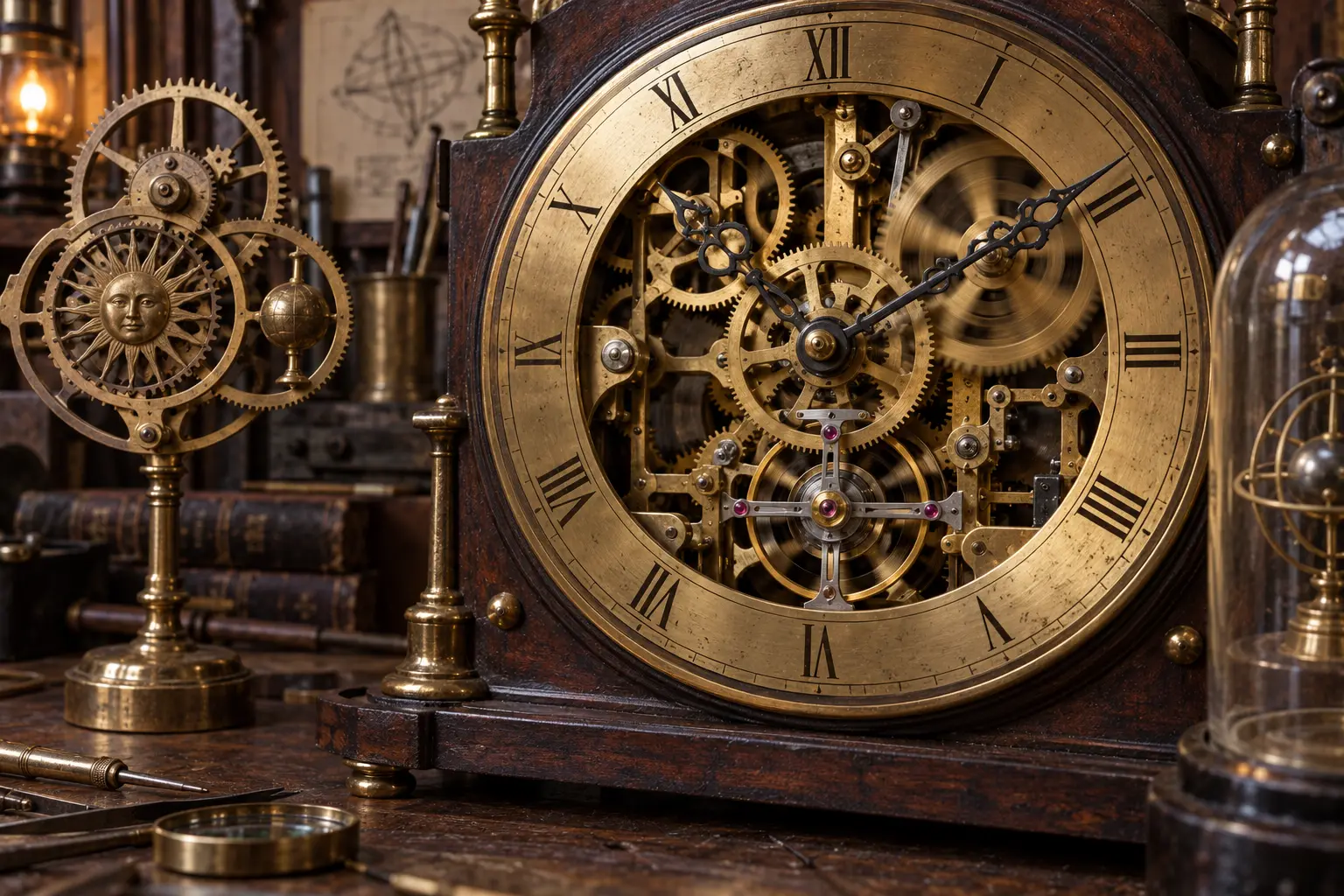 Mécanisme apparent d’une horloge steampunk à engrenages mobiles